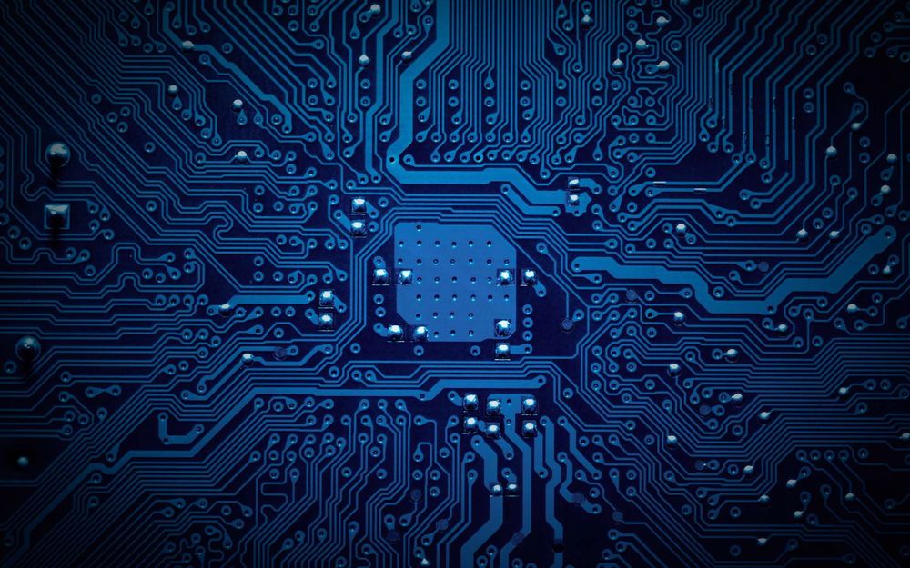 A blue computer circuit board.